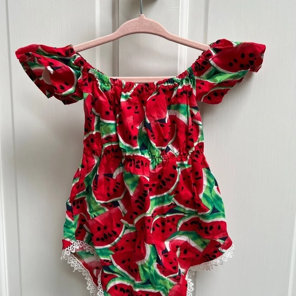 NWOT 18-24M Watermelon Green and Red Flutter Sleeve Custom Made Romper